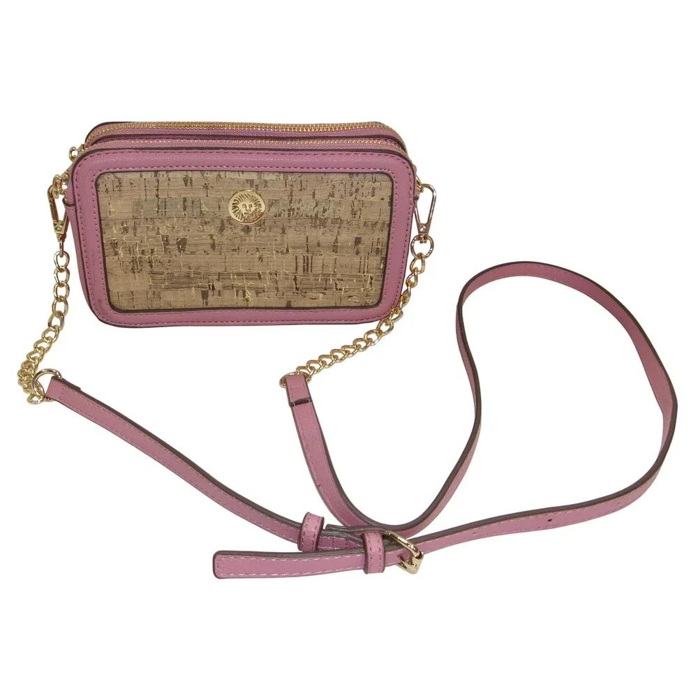 Anne Klein Pink Faux Leather Cork Crossbody Bag Gold Chain Triple Compartment